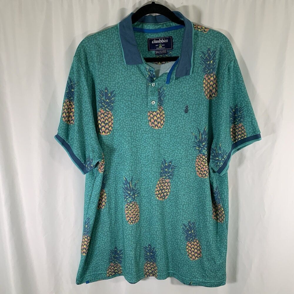 Chubbies Polo Shirt Mens XXL Blue Green Pineapple Hawaiian Short Sleeve Collared